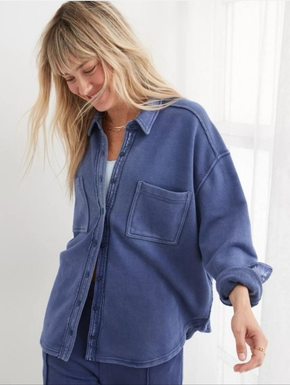 Aerie lumberjane Oversized Blue terry Button Down Shacket Shirt XL loungewear